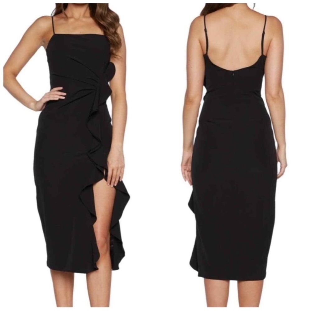 Bardot Rona Black Ruffle Bodycon Midi Dress Womens XS